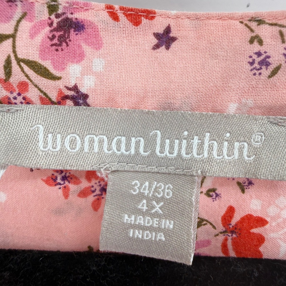 Woman Within Pink Floral Cotton Pintuck Blouse Short Sleeve Plus Size 4X 34/36 - Picture 5 of 7